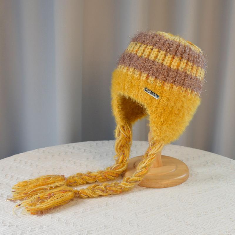 Женская осенне-зимняя теплая утолщенная защитная шапка с холодным мехом и бархатом, двойная тесьма, вязаная шапка, милая разноцветная шапка