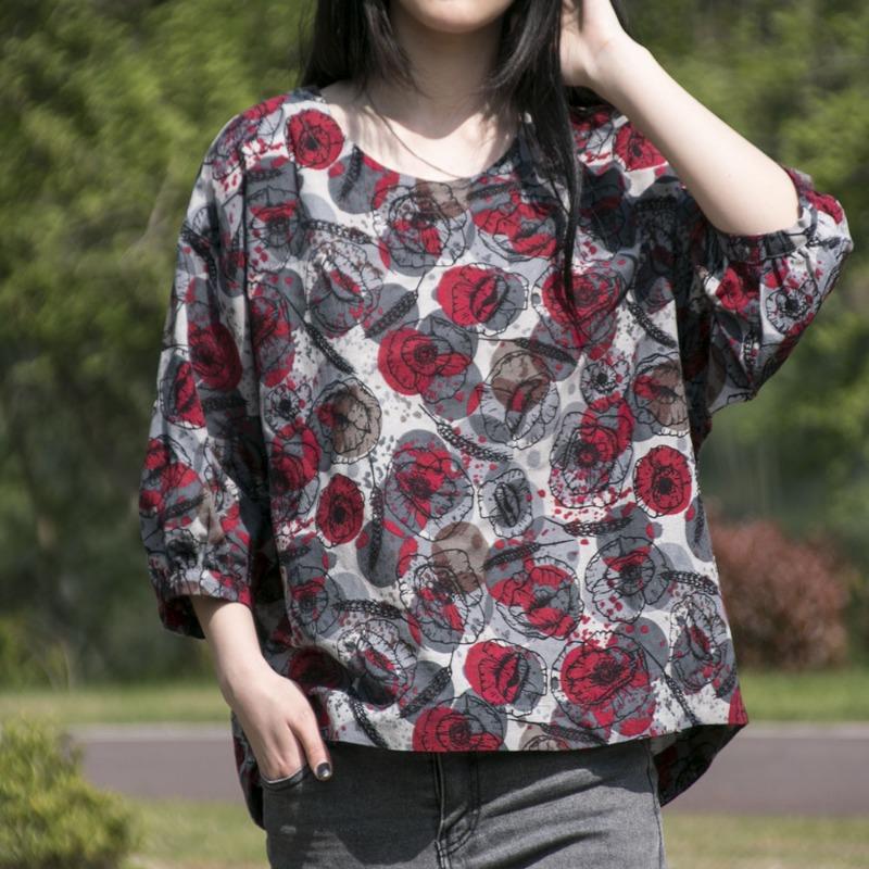 Летняя женская одежда Этнический принт хлопковая льняная блузка Топ Круглый вырез Рукава семь четвертей Футболки