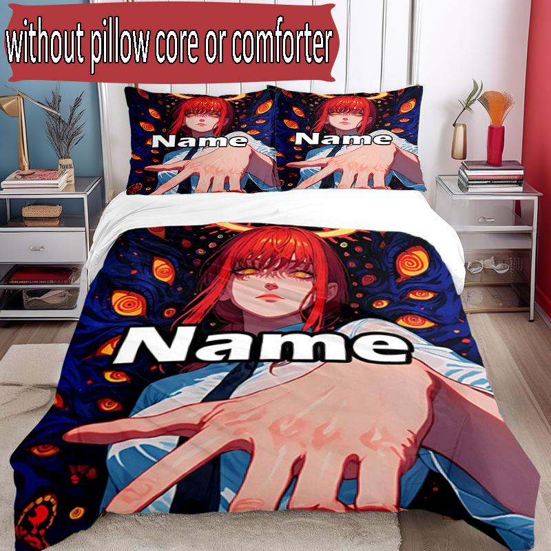 3pcs Duvet Cover Set (1*Duvet Cover + 2*Pillowcase, Without Core), Custom Name Makima Chainsaw Man Pattern Bedding Set, Home Bedroom Decor Gift