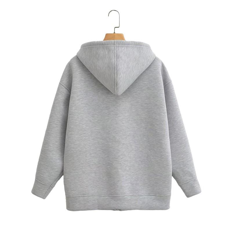 Womens Gray Oversized Hooded Sweatshirt Casual Loose Fit Zip-Up Jacket Streetwear Style