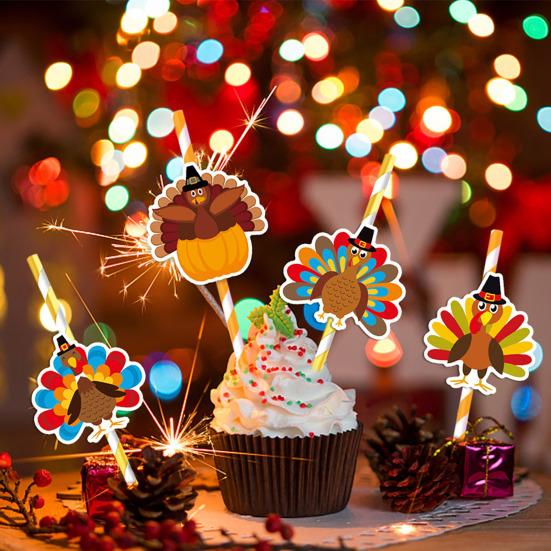 20 Pcs Thanksgiving Straw Easy Install Turkey Shaped Straw Insert Thanksgiving Drink Decorations for Fall Parties