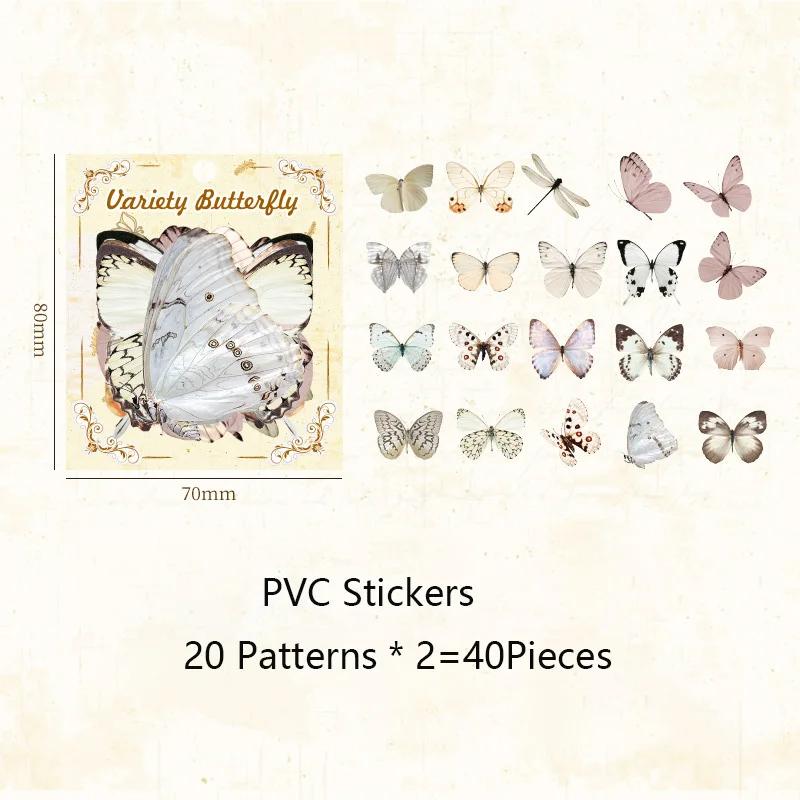 40pcs/pack PVC Materials Butterfly Stickers DIY Journling Supplies Art Collage Junk Journal Scrapbooking Label Stickers
