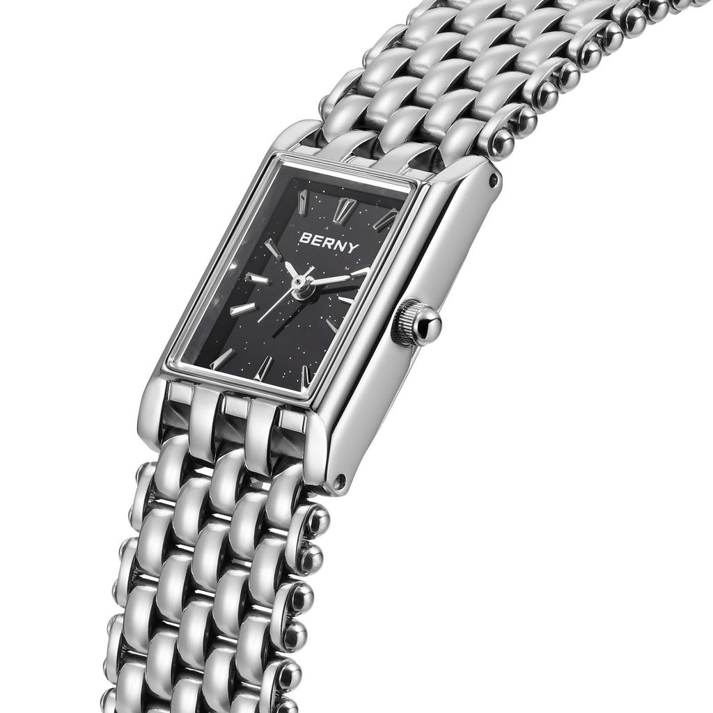 BERNY Silver Watch with Vintage Rectangular Case and 3ATM Water Resistance Women's