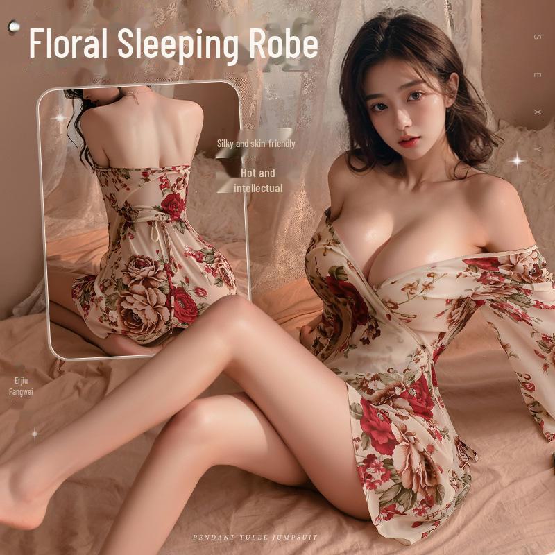 Manyan Sexy Lingerie: Deep V Silky Kimono & See-Through Floral Nightdress Set