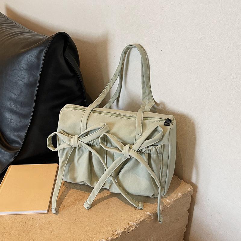 Lightweight Casual Cotton Shoulder Bag Unique Fresh Bow Design Travel Underarm Bag Solid Color Large Capacity Women's Tote Bag