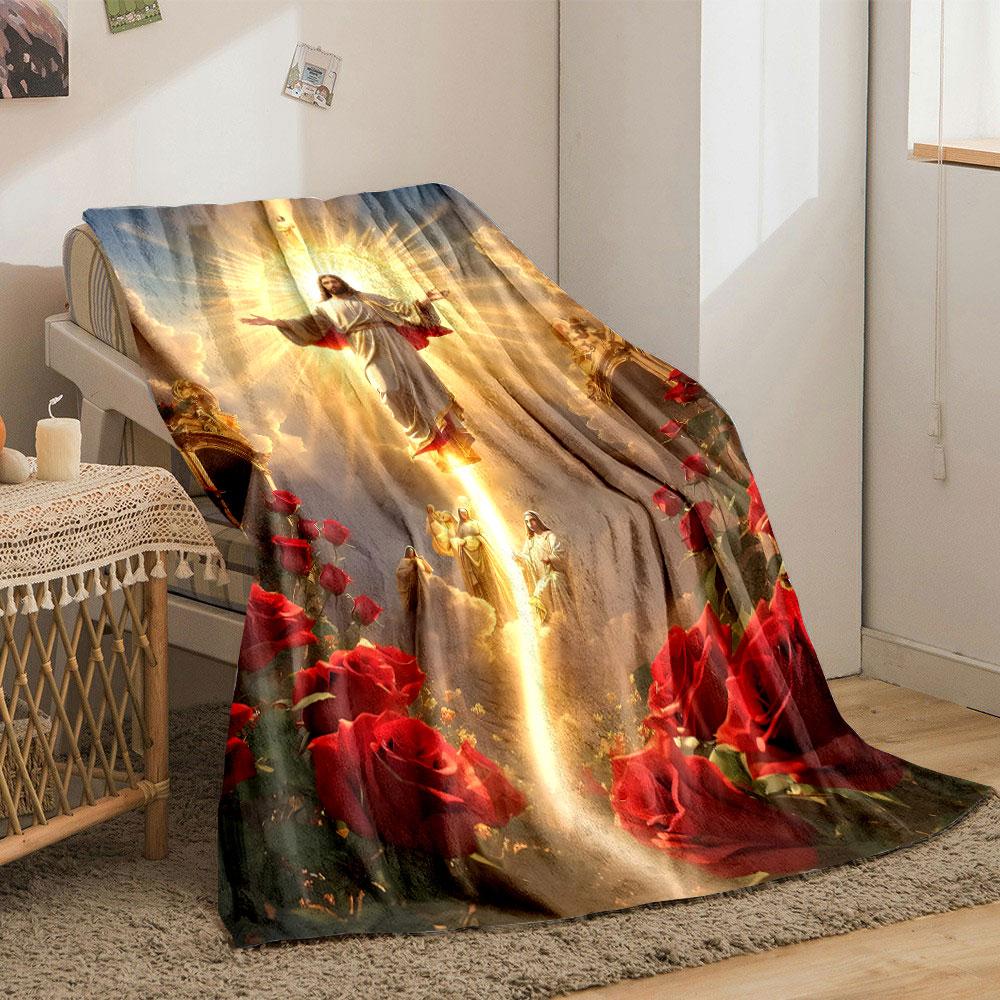 Jesus Roses Halo Blanket Printed Blanket for Living Room Bed Couch lunch break Soft Cozy Blanket for Friend's festival Gift