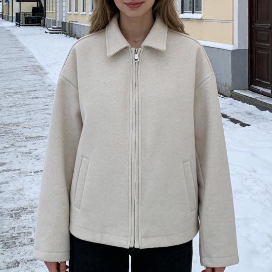 Женская шерстяная куртка на молнии, с длинными рукавами и лацканами, короткое пальто-бушлат, повседневная осенне-весенняя верхняя одежда с карманами
