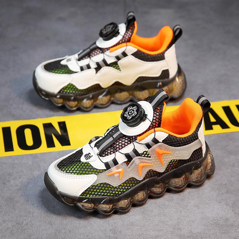 Детская спортивная обувь, вращающиеся пуговицы, обувь для больших мальчиков, кроссовки с мягкой подошвой, баскетбольные кроссовки с сеткой, детская обувь в модном стиле