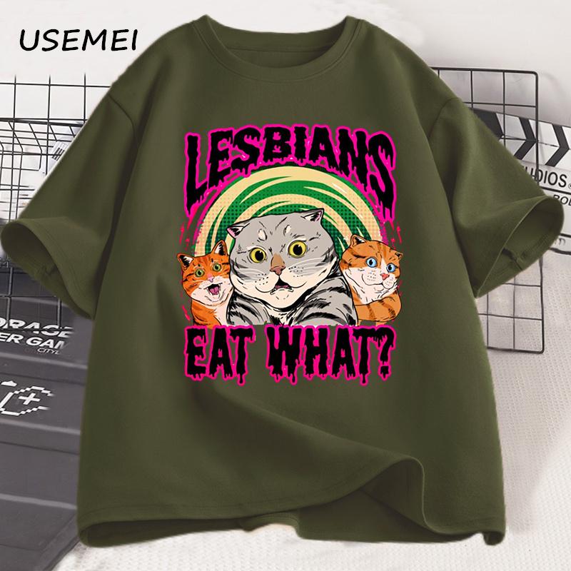 Lesbians Eat What Cat T Shirt Vintage Lgbt Pride Month Tshirt Funny Graphic T Shirts Short Sleeve Cotton Tee Unisex Clothes