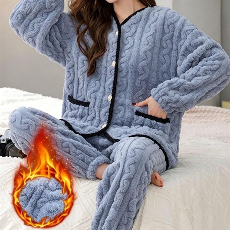 Уютный коралловый флисовый комплект пижамы женский зимний толстый теплый с длинным рукавом V-образным вырезом на пуговицах верх брюки домашняя одежда для отдыха