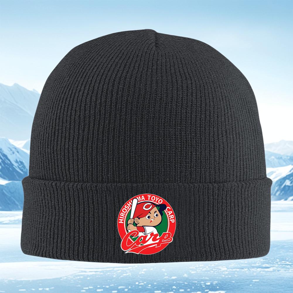 Baseball player holding bat red circle logo Men Women Unisex Knitted Hat Beanie Pullover Cap Winter Thermal Warm Christmas Outdo