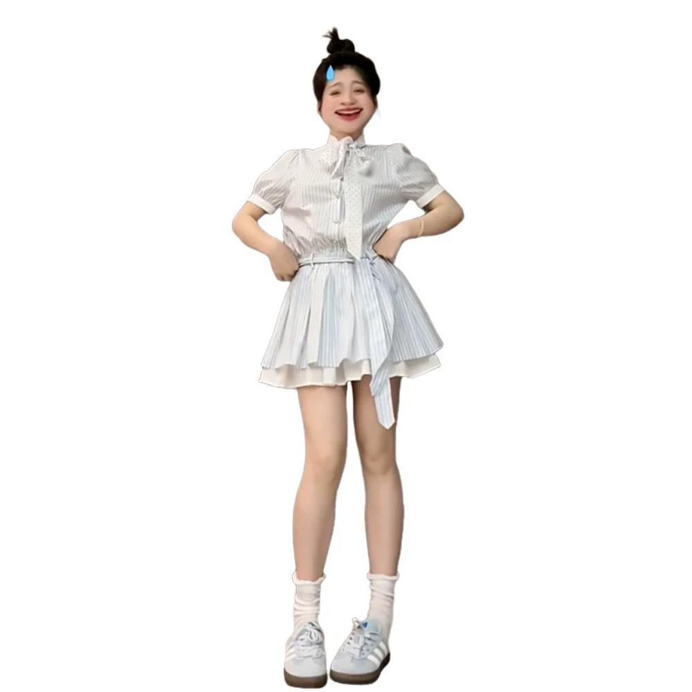 Korean cold striped French dress for women's summer small people, advanced sense, waist and thin a-word shirt skirt