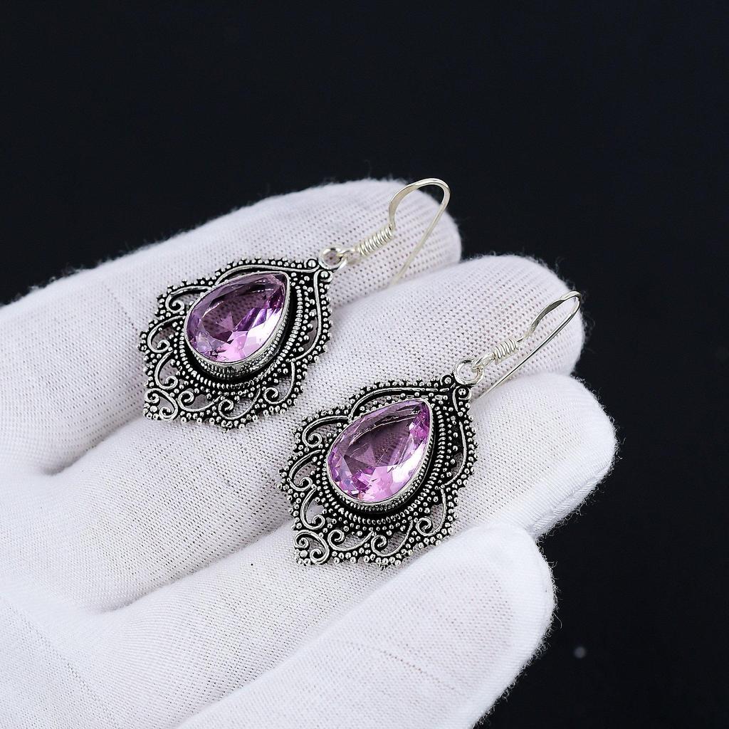 Серьги с розовым кунцитом, серьги с драгоценными камнями, старинные серебряные серьги с розовым кунцитом, ювелирные изделия из цельного серебра 925 пробы, серьги с драгоценными камнями для нее