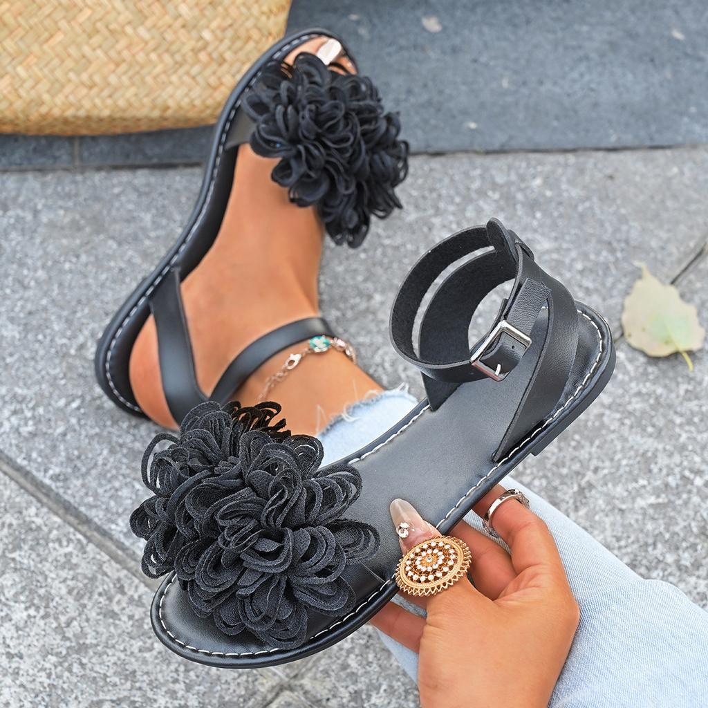 Fashion Elegant Flower Flat Sandals for Women 2025 Summer New Voyeur Women Pump Silk Shallow Ankle Buckle Sandals Shoes for Women