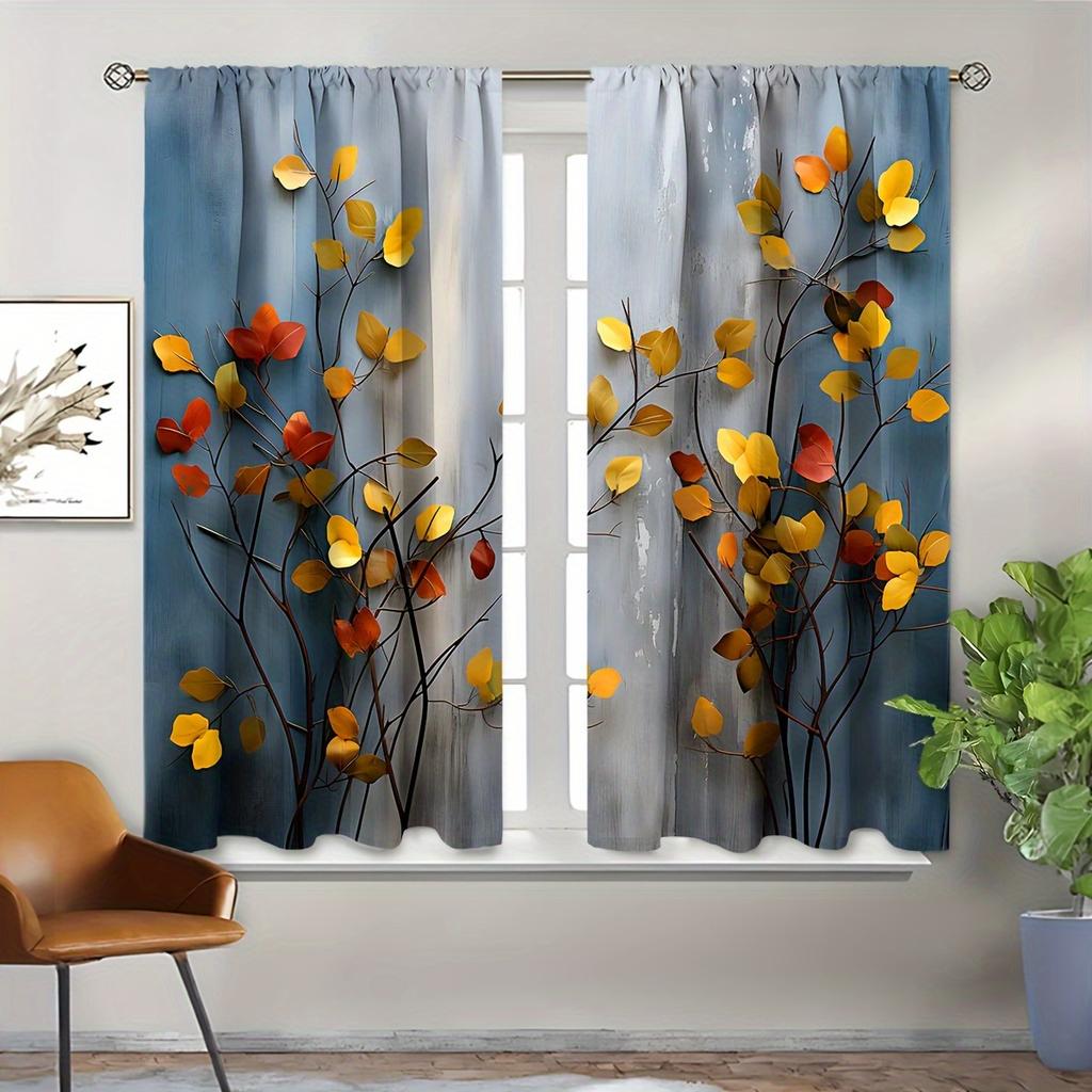 2 шт. Кухонные шторы с акварельным ботаническим рисунком - Разноцветные листьяДизайн для гостиной, спальни и кухонного домашнего декора