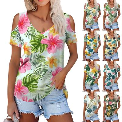 Женская летняя модная повседневная футболка с цветочным принтом без бретелек с v-образным вырезом и коротким рукавом, топ