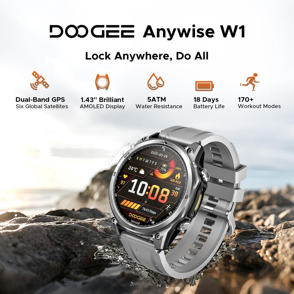 Doogee Умные часы Anywise W1, ИИ, водонепроницаемость 5 ATM, GPS-трекер активности, 1,43-дюймовый AMOLED-экран, 12 дней работы от батареи, для Android и iPhone