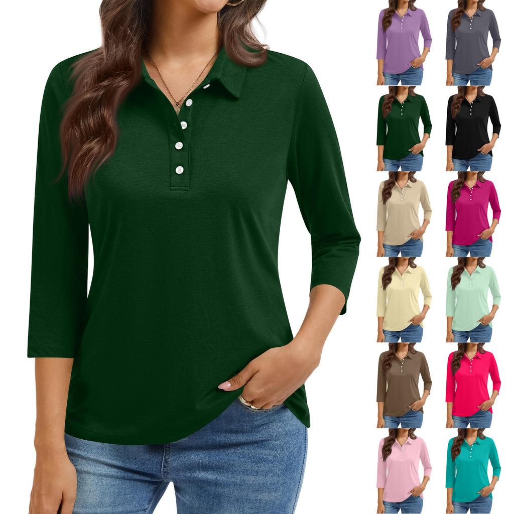 Women's Fashion Casual Lapel Short 3/4 Sleeve Solid Color Shirt Women's Button Up Tops