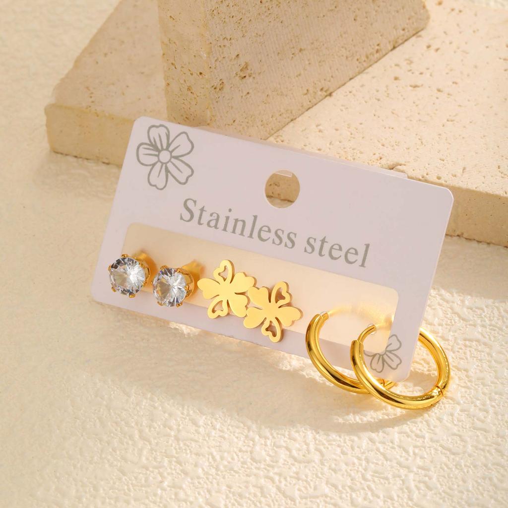 Three-piece Set of Earrings for Women, Hollow Bowknot Flower Heart Stainless Steel Stud Earrings Set Wholesale Jewelry Gift