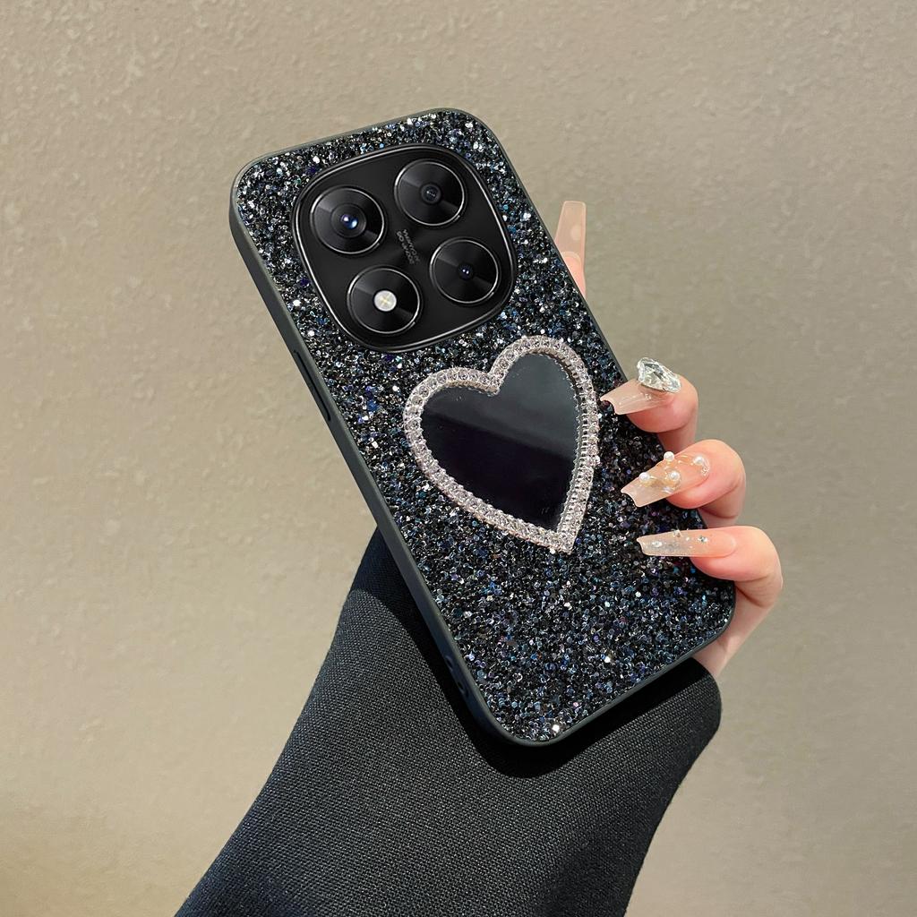 Luxury Artificial Rhinestone Glitter Leather Soft Phone Case For Xiaomi Redmi Note 14 15 4G 5G Pro + with Cute Love Heart Mirror