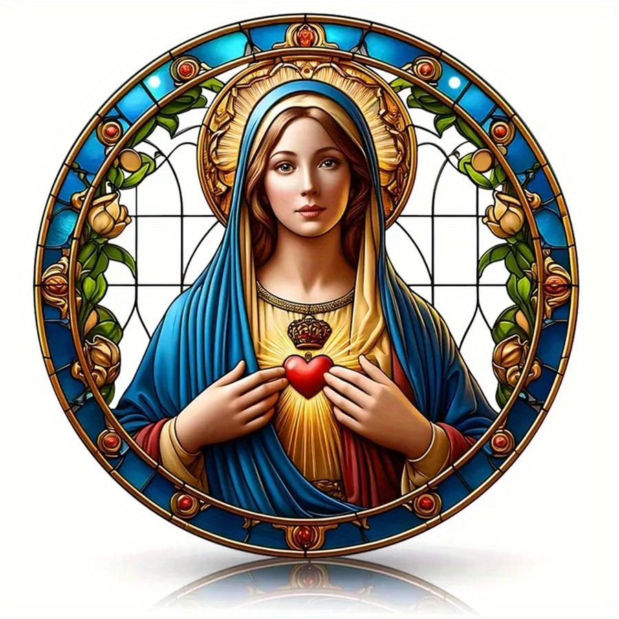 1pc 2d Flat Wood Christian Religion Mary Suncatcher, Translucent Stained Window Hanging, Round Wooden Sign- 20cm Porch, Wall, Home, Room, Cafe Holiday