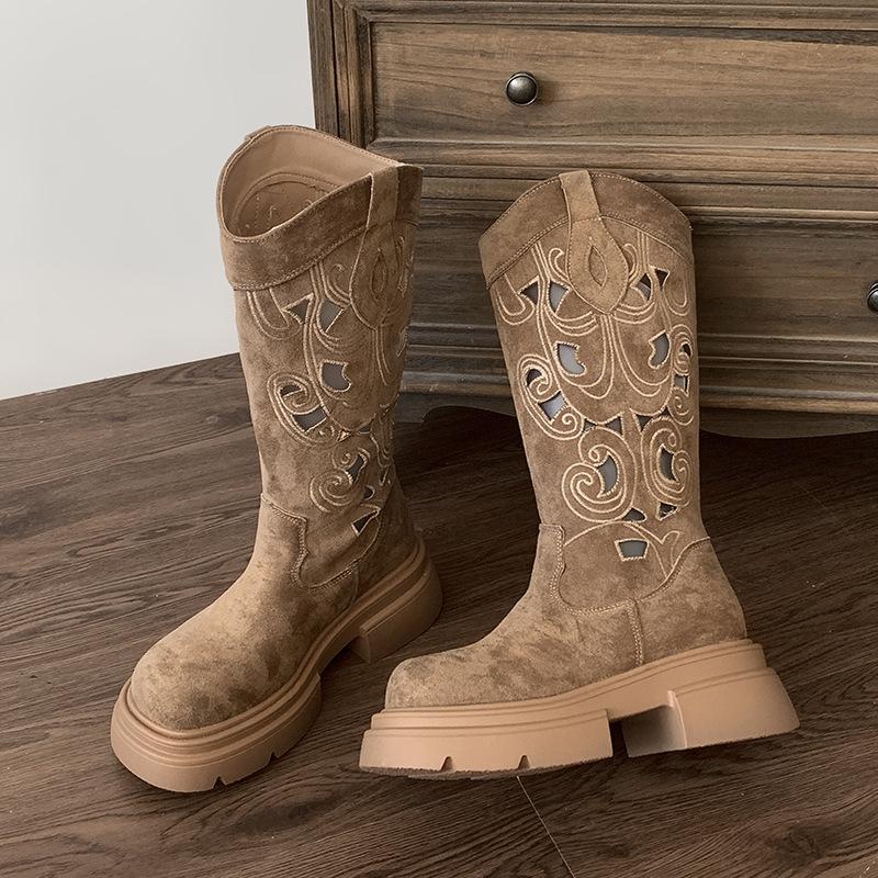 Retro British Style But Knee Thick-soled Boots Women's 2025 New Spring and Autumn Heightening Hollow V-mouth Knight Boots