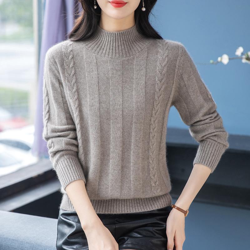 New Fashion Women's Loose Autumn and Winter New Thickened Semi-turtleneck Sweater Twisted Solid Color Knitted Bottoming Shirt