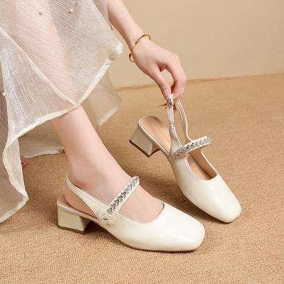 Туфли Мэри Джейн на толстом каблуке, сандалии с закрытым носком, женские, лето 2025, новинка, фея, ветер, вода, бриллиант, надпись, квадратный носок, сандалии с открытым носком