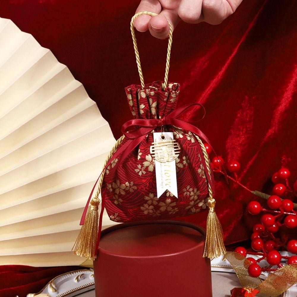 Pearl Pendant Canvas Flower Drawstring Bag Stripe Bowknot Floral Tassel Handbag Female/Girls