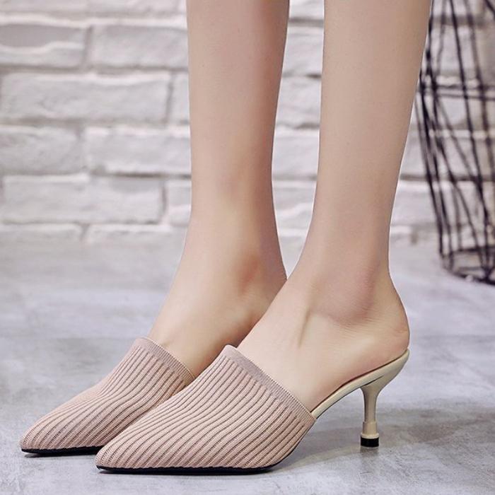 Женские модные тапочки на каблуке, сандалии, тканые тапочки на тонком каблуке с острым носком