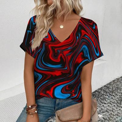 Цветная масляная живопись Тай-дай 3D принт Футболки Женские V-образный вырез Короткий рукав Футболка Уличная одежда Футболки Топы Женская одежда