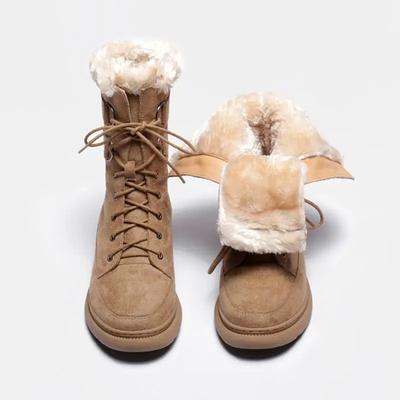 Элегантные женские зимние ботинки на среднем каблуке с круглым носком, на шнуровке, весна-осень, меховые ботинки из овечьей шкуры, демисезонные, размер 39, женская обувь