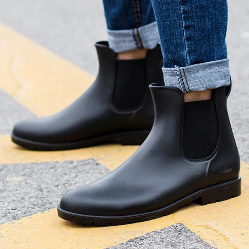 Fashion Men Rain Boots Fashion Chelsea Boots Man Black Casual Boots PVC Rubber Rain Shoes Waterproof Fishing Shoes Zapatillas De Hombre