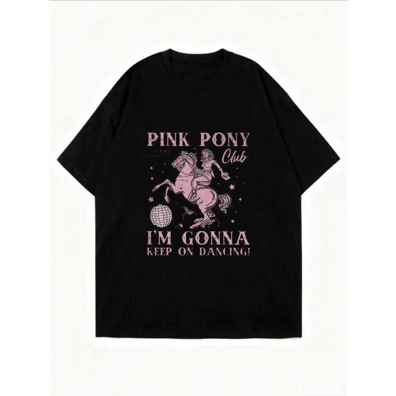 Оверсайз Футболка с Принтом Розового Танцующего Пони – «PINK PONY Club» Дерзко-Милый Динамичный Топ со Словосочетанием