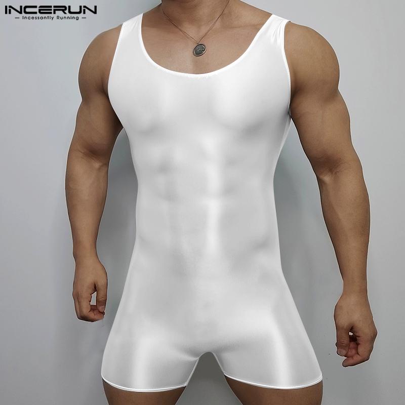 INCERUN Men Sleeveless Solid Color Thin Semi-Sheer Bodysuits Jumpsuits Short Rompers Underwear
