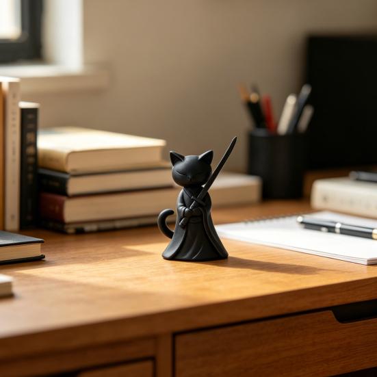 3D-печатная фигурка кота-самурая, держащего длинный меч, статуэтка черного кота, мультяшное животное, украшение для дома и офиса, подарки для любителей кошек