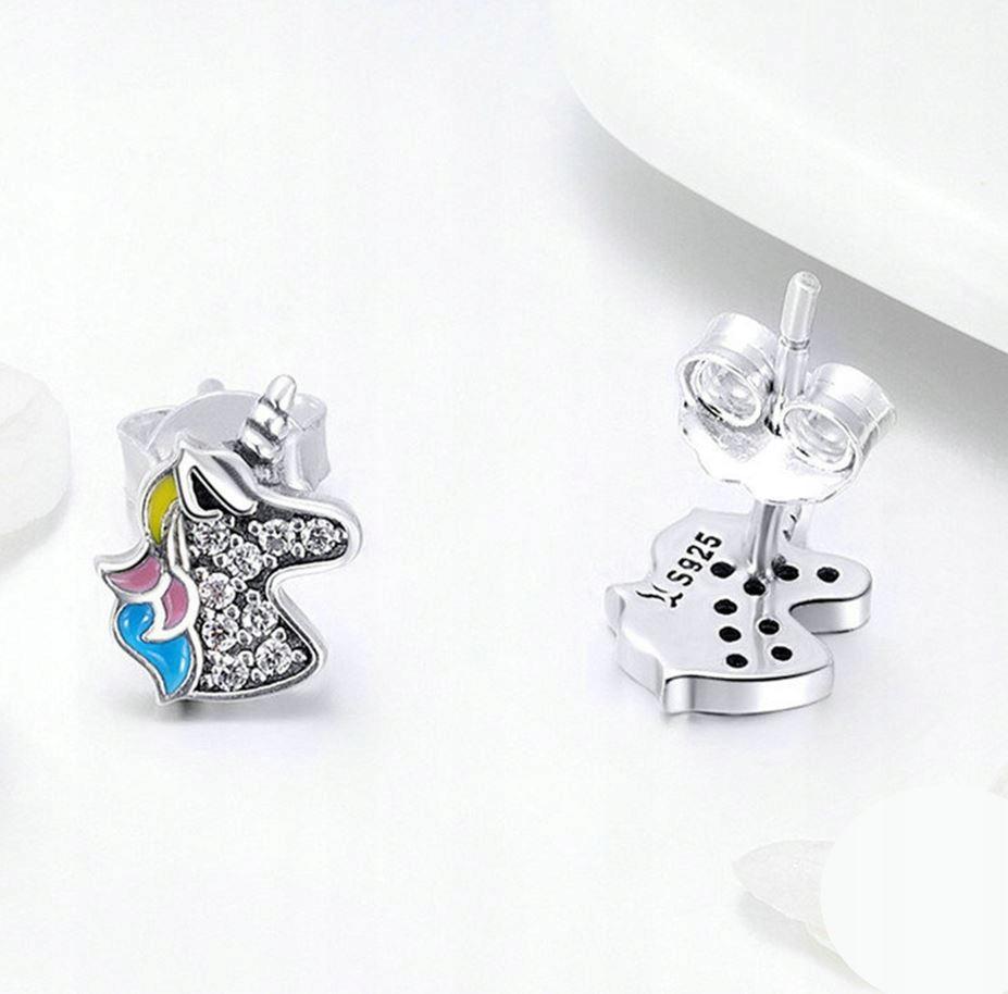 925 Unicorn Earrings, Box, Colorful Zircons, Rainbow