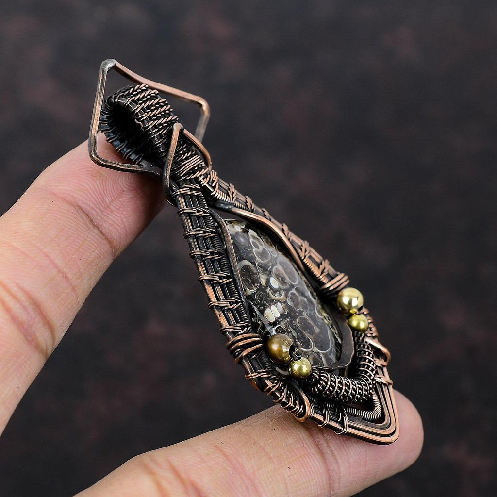 Подвеска из агата Turritella, подвеска из медной проволоки, подвеска из драгоценного камня, медные украшения, подвеска ручной работы, подарок на годовщину, ювелирные изделия, обмотанные проволокой