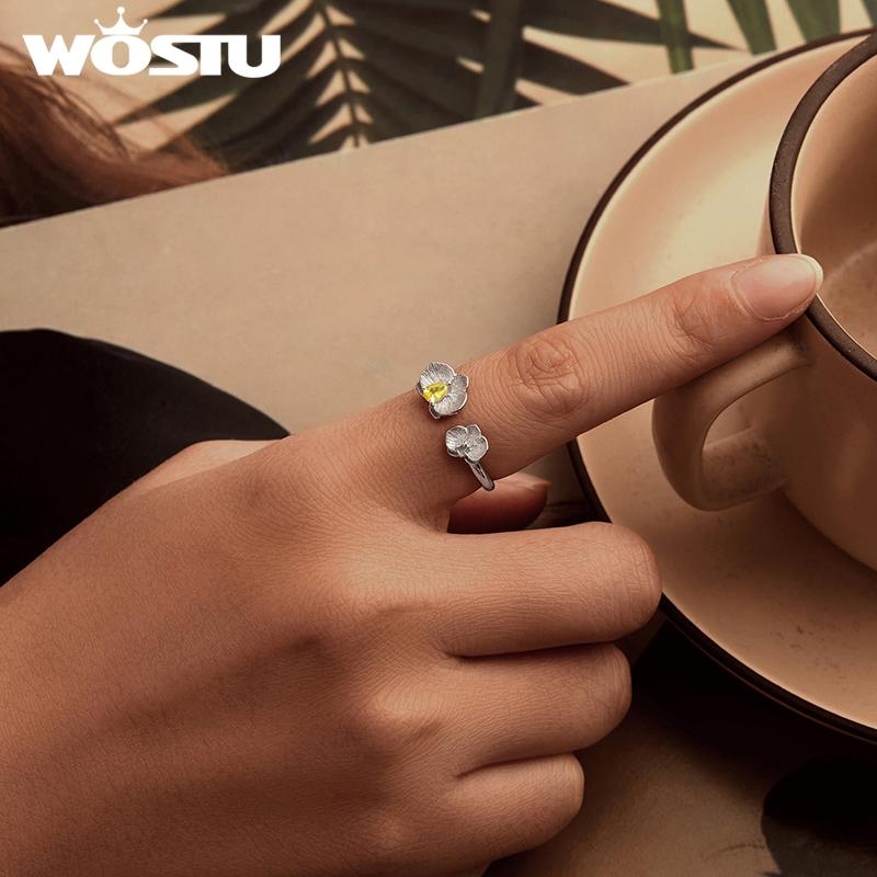 WOSTU 925 Silver Yellow Zircon Flower Open Ring Citrine Stud Earrings For Women Wedding Jewelry Set Girl Mom's Birthday Gift
