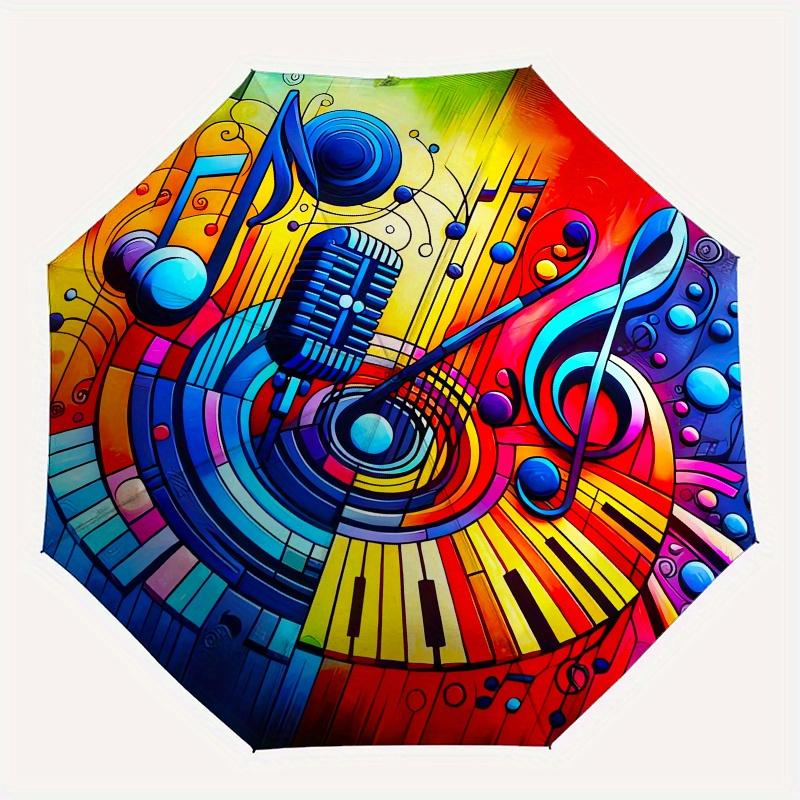 Music Notes, Piano Keys Automatic Folding Umbrella 8 Ribs, Durable Iron Frame, Bright Color Pattern Compact Travel Umbrella, Suitable for O