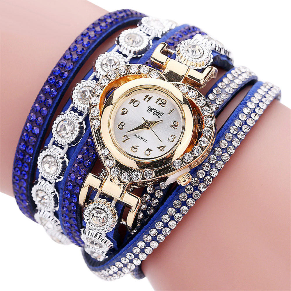 Leather Women Fashion Casual Decor Round Rhinestone Bracelet Watch
