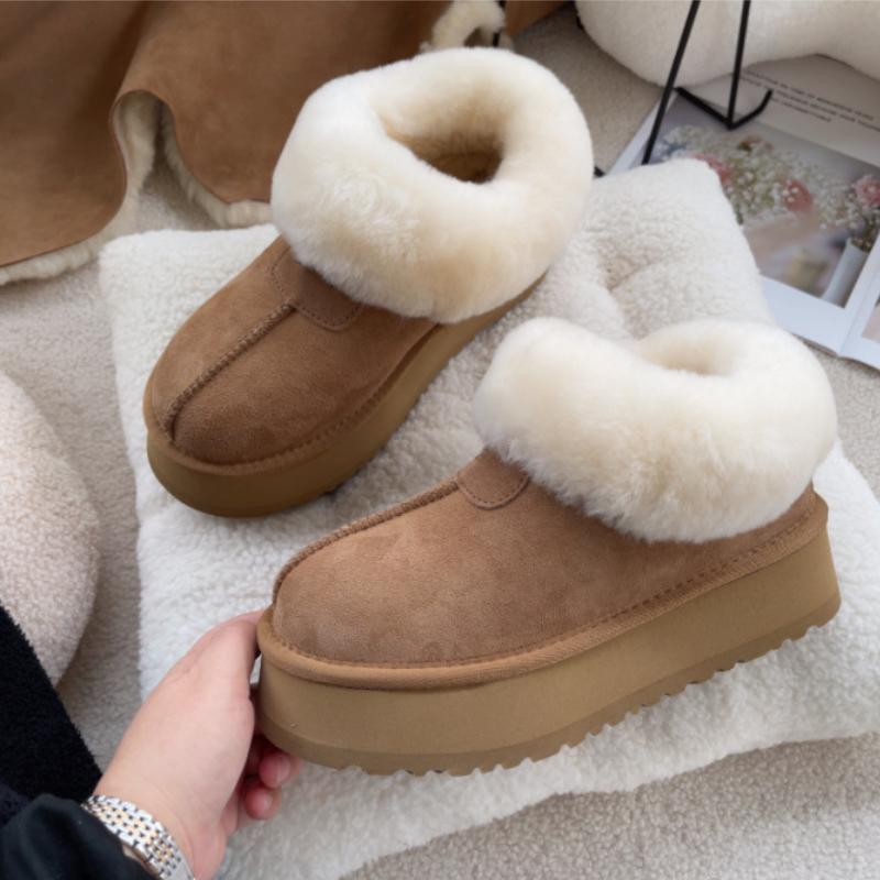 Women’s Genuine Leather Platform Snow Booties Fold Over Fluffy Fur Cuff Slip On Chunky Thick Sole Warm Winter Boots for Women