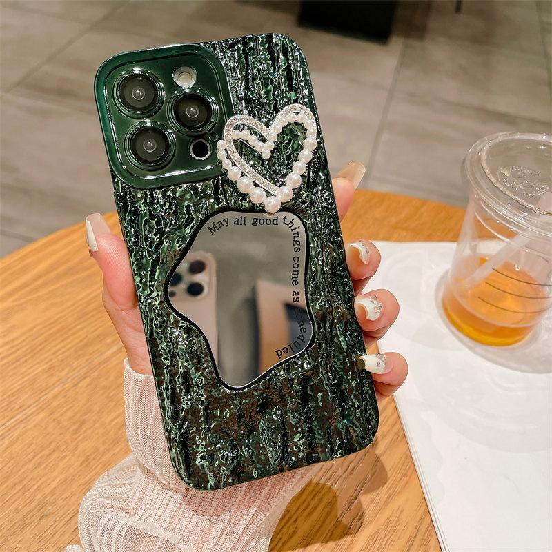 Роскошный чехол для макияжа с зеркальным принтом в виде камня и жемчужным сердечком для iPhone 15 Pro Max 14 13 12 Pro Max 11, универсальный защитный чехол от падения
