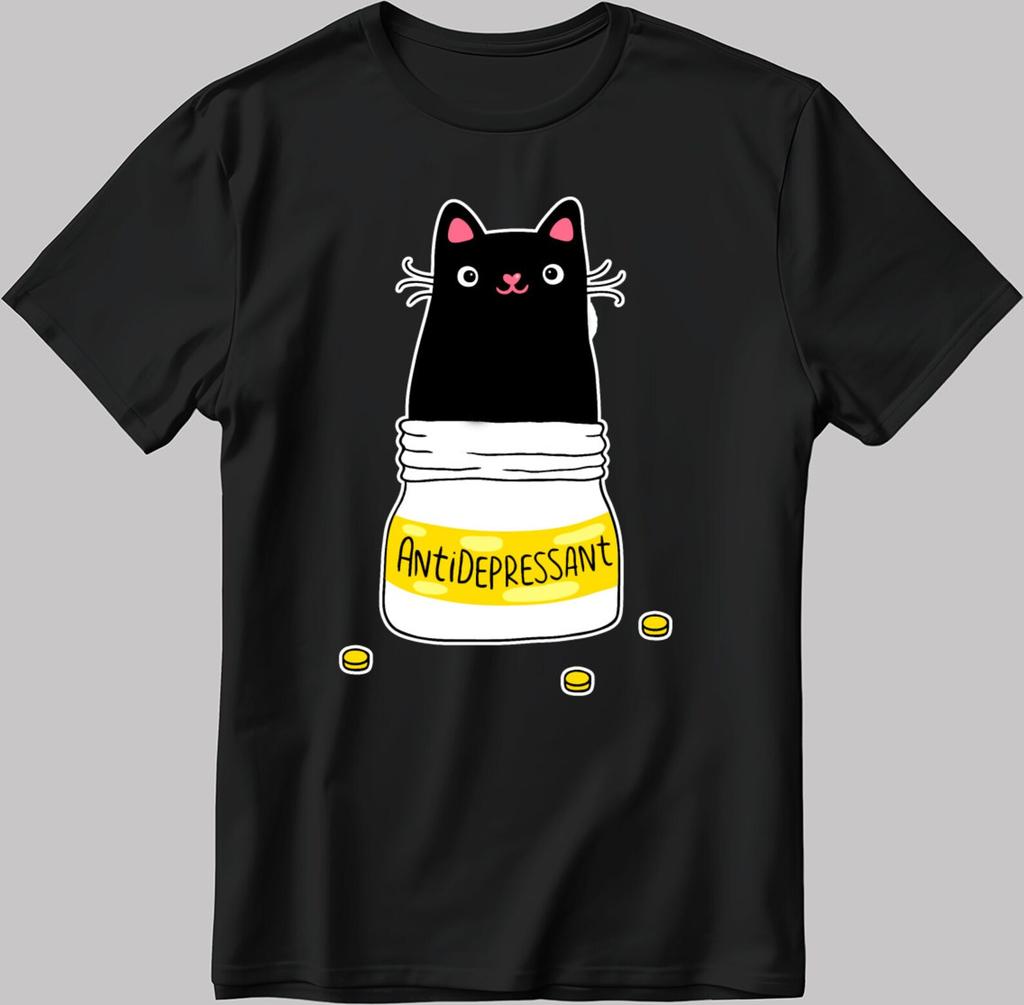 Black Cat Anti Depressant Short Sleeve White-Black Men's / Women's T-Shirt F093