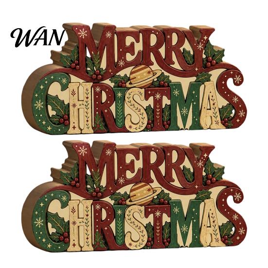 Rustic Festive Decor Wooden Merry Christmas Sign, 2D Flat Farmhouse Freestanding Table Centerpiece, Sign Tiered Tray Decoration for Mantel,