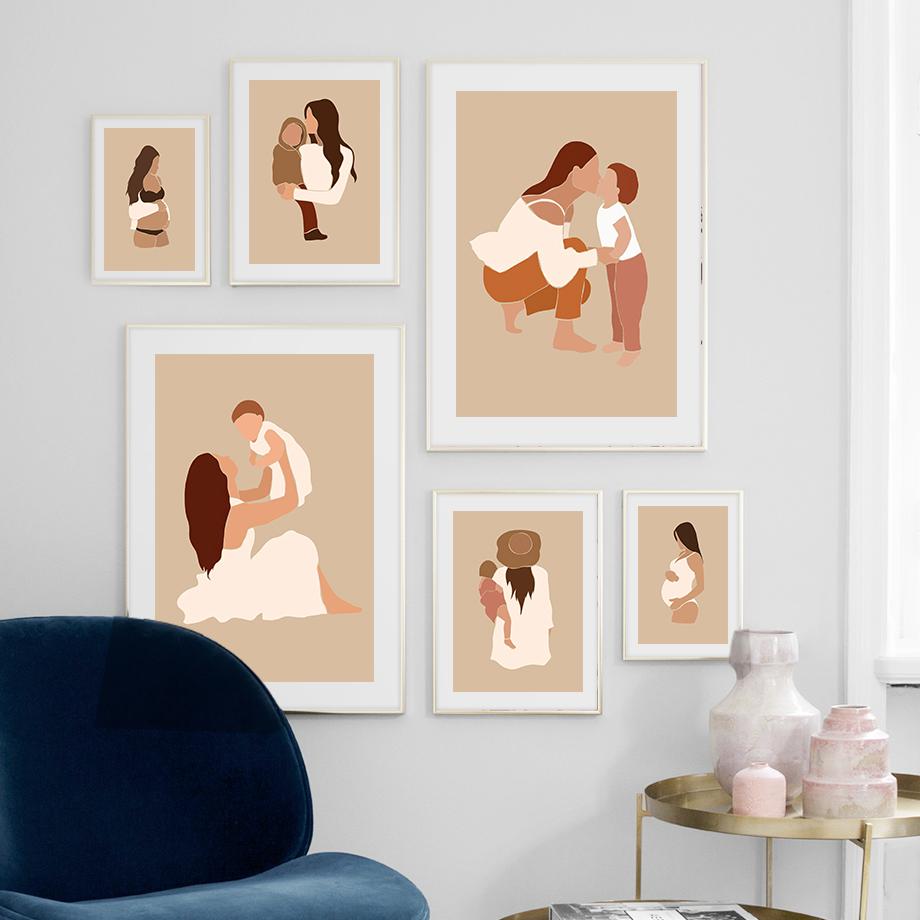 Беременная мама и ребенок, настенная живопись на холсте, картина для матери и ребенка, плакаты на скандинавскую тему и принты, настенные панно для детской комнаты, декор для спальни