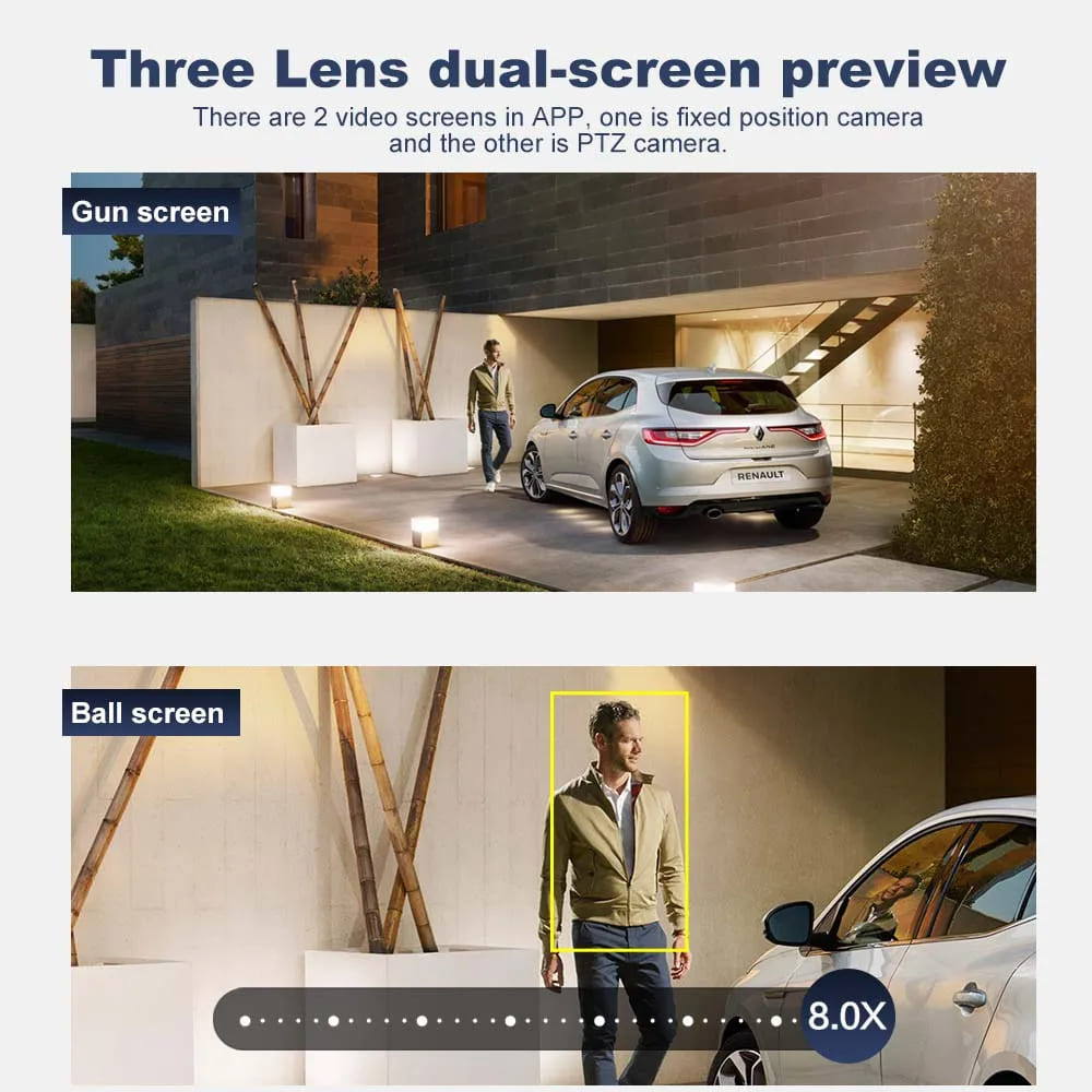 2025 Новая 12-мегапиксельная 6K WiFi IP-камера для наружного наблюдения с тремя объективами, двумя экранами, 8-кратным зумом, видеокамера CCTV PTZ с автоматическим отслеживанием, защитой и наблюдением