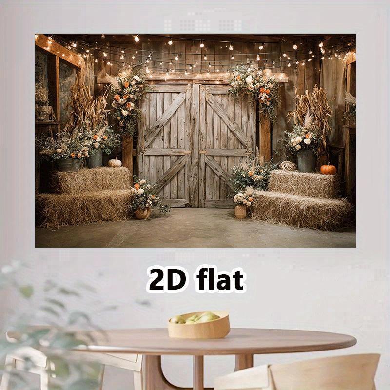 2D flat banner, 1 piece of rural barn background fabric with floral farmhouse decoration. Lightweight polyester banner.