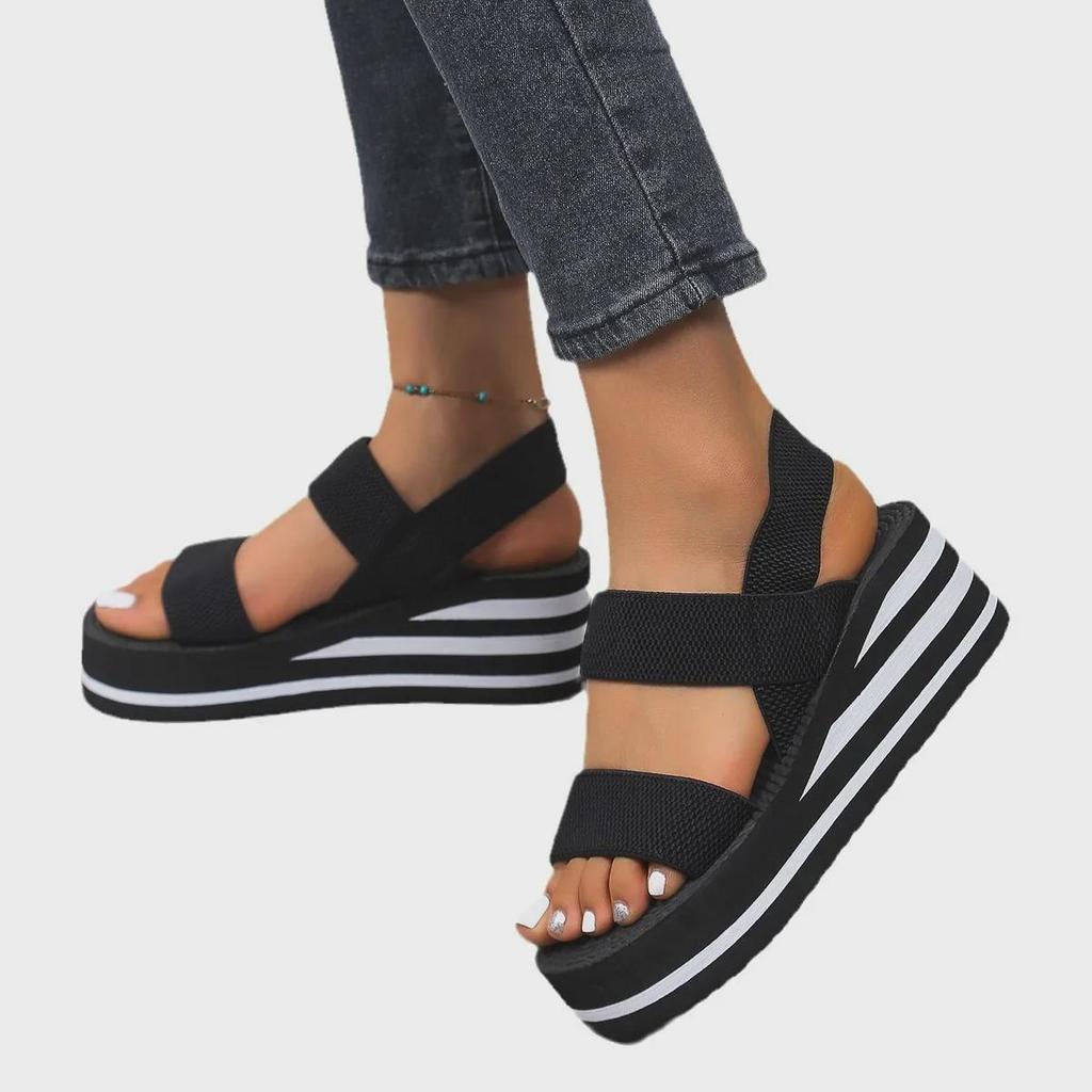 Women's Black & White Roman-Style Sandals with Thick Sole, Faux Hemp Rope Design, Perfect for Summer Style