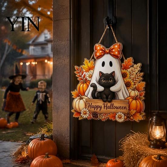 Decorative Wood Board Halloween Wooden Hanging Sign, Happy Door Sign with Gnomes/Ghosts, Retro Ornament for Shop Autumn Harvest Festival Wall